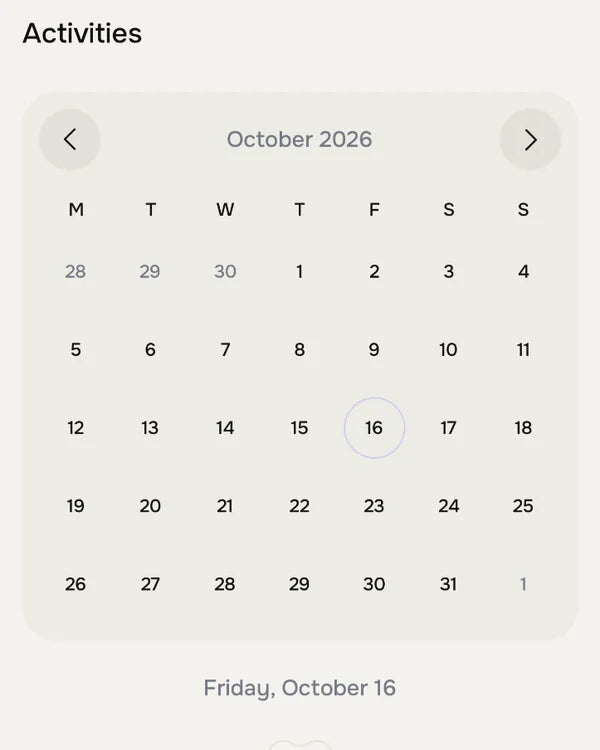 Activities screen with a monthly calendar