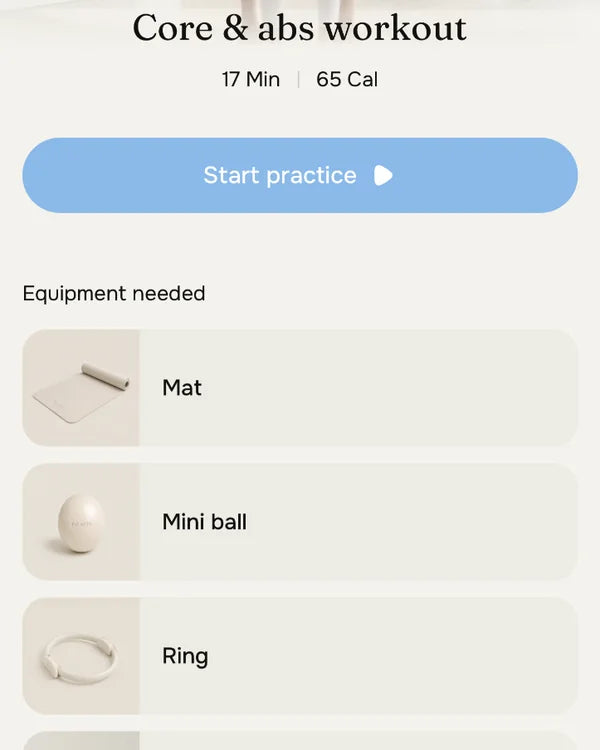 Core & abs workout screen showing 17 minutes and an Equipment needed list with a mat, mini ball and ring
