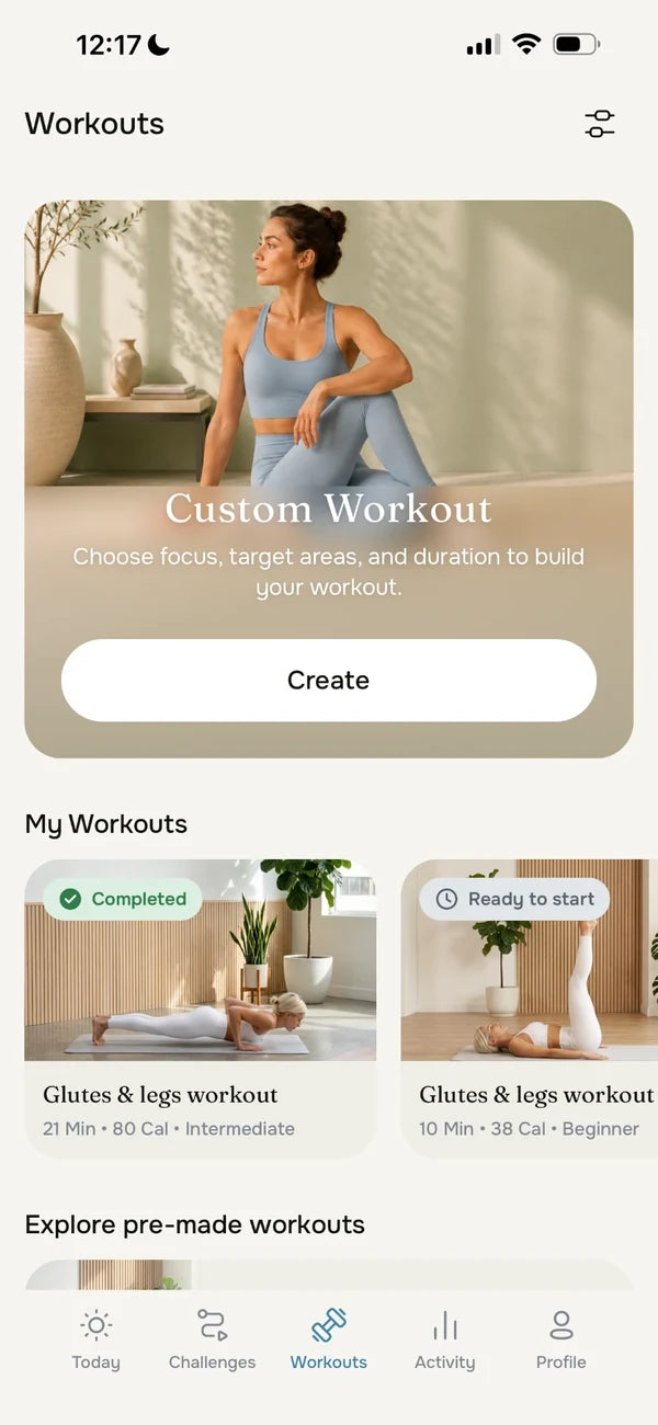 Formify app Workouts screen with Custom Workout and a list of workouts