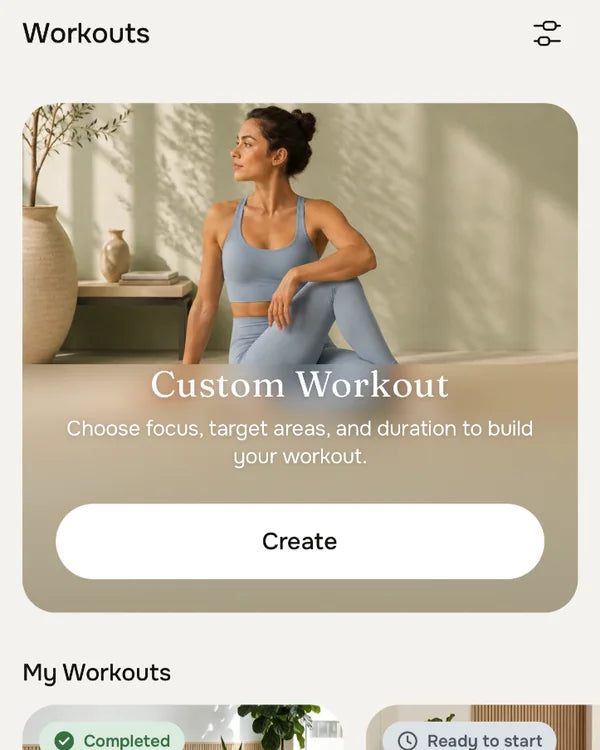 Workouts screen with the Custom Workout option and a Create button